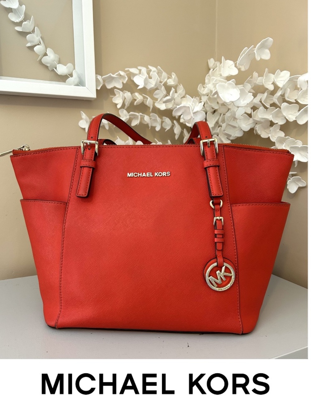 Michael Kors Jet Set Saffiano Top Zip Tote Bright Red